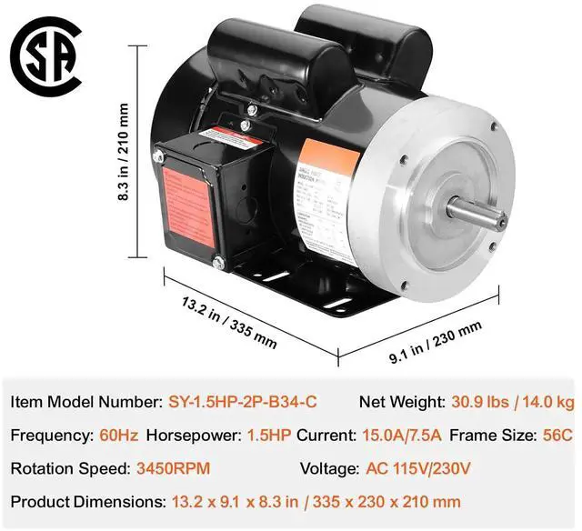 Alt view image 7 of 7 - 1.5HP Electric Motor, 3450 RPM, AC 115V/230V, 56C Frame, Single-Phase Air Compressor Motor with 5/8" Keyed Shaft, CW/CCW Rotation for Agricultural and General Equipment