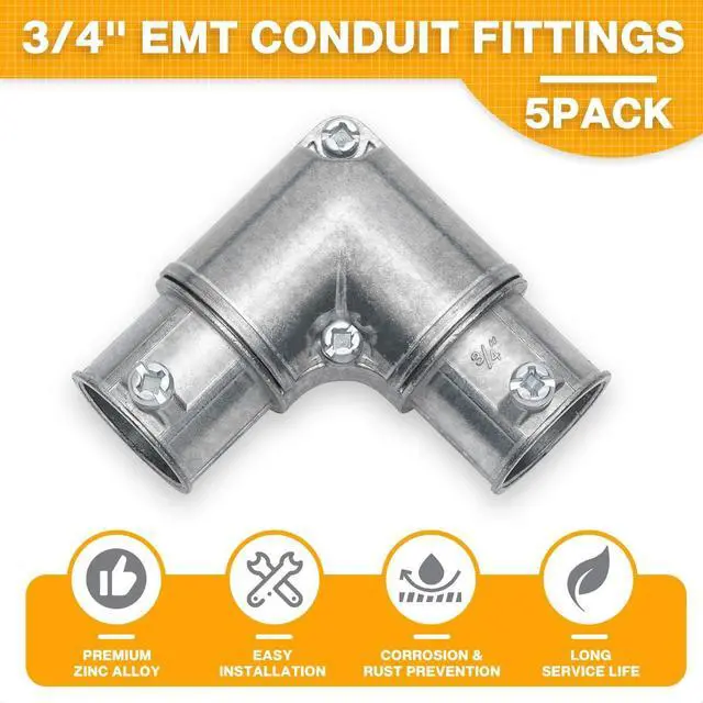 Alt view image 3 of 6 - 3/4 Inch EMT to EMT 90 Degree Inside Corner Pulling Elbows, EMT Conduit Fittings Set Screw; Electrical Metallic Tube Kit Die Cast Zinc Elbow Capped Corner Coupling (5 Pack)
