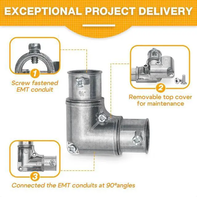 Alt view image 4 of 6 - 3/4 Inch EMT to EMT 90 Degree Inside Corner Pulling Elbows, EMT Conduit Fittings Set Screw; Electrical Metallic Tube Kit Die Cast Zinc Elbow Capped Corner Coupling (5 Pack)