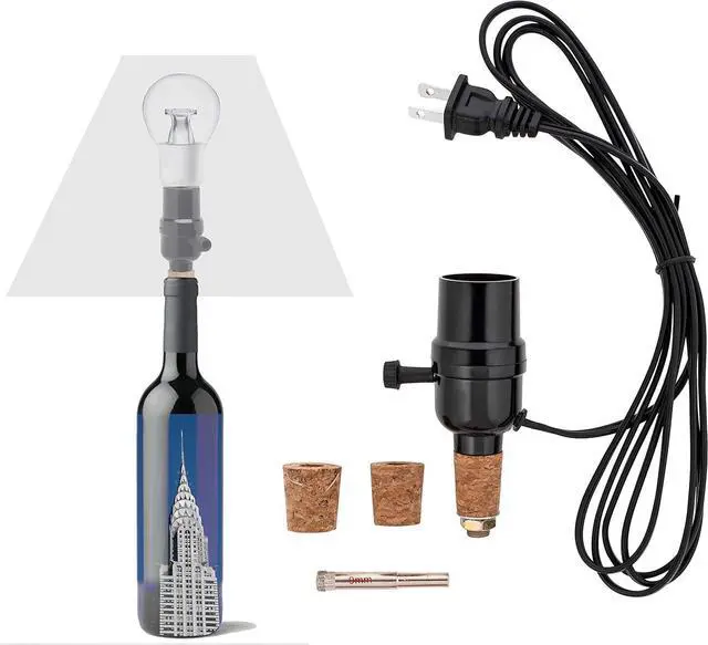 Main image of Bottle lamp kit, with 9mm Glass Drill bit, Works with Wine Bottle or Any Other Glass Liquor Bottles, UNO Slip-on Socket 8 ft Black Cord UL Listed lamp Wiring Parts.