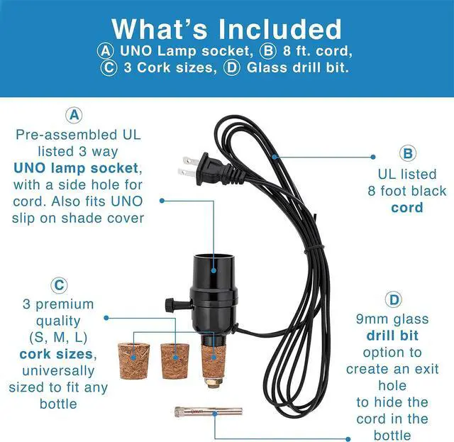Alt view image 2 of 4 - Bottle lamp kit, with 9mm Glass Drill bit, Works with Wine Bottle or Any Other Glass Liquor Bottles, UNO Slip-on Socket 8 ft Black Cord UL Listed lamp Wiring Parts.
