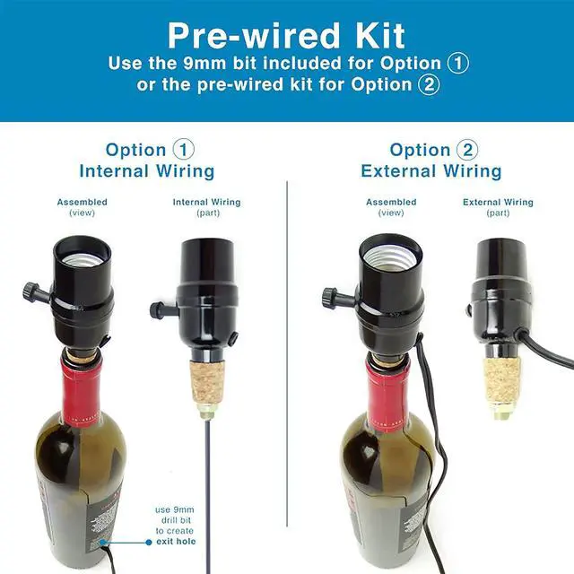 Alt view image 4 of 4 - Bottle lamp kit, with 9mm Glass Drill bit, Works with Wine Bottle or Any Other Glass Liquor Bottles, UNO Slip-on Socket 8 ft Black Cord UL Listed lamp Wiring Parts.