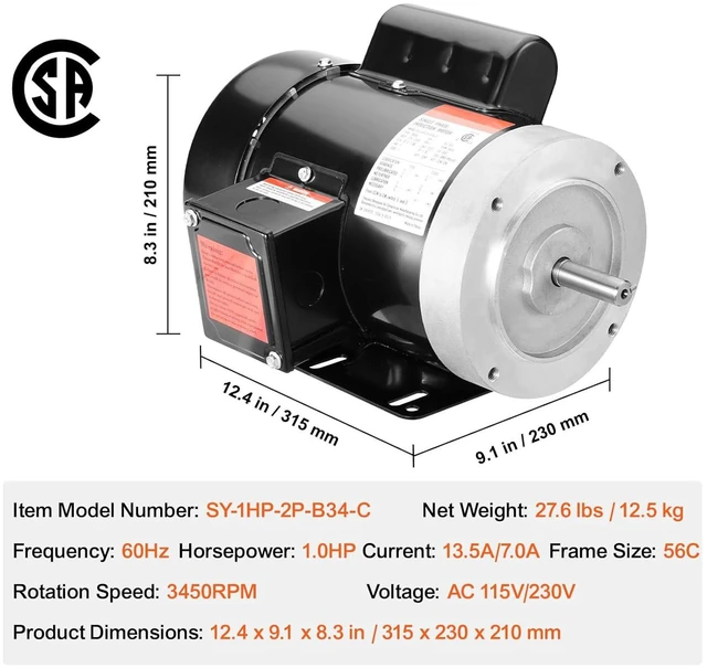 Alt view image 7 of 7 - 1HP Electric Motor 3450 RPM, AC 115V/230V, 56C Frame, Single Phase Air Compressor Motor with 5/8" Keyed Shaft, CW/CCW Rotation for Agricultural and General Equipment