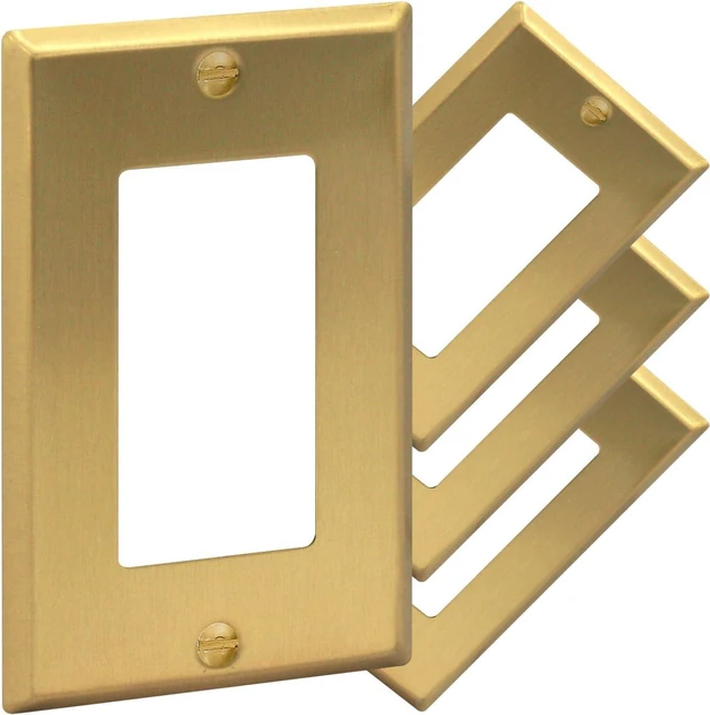 Main image of Rio Salto BRASS Signature Collection Brushed Brass Gold Metal Outlet Cover, Decorative Light Switch Cover Plate Wall Plate, Premium, Rocker 1-Gang, 2.75" X 4.50" Standard Size 4-Pack