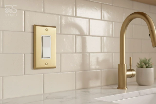 Alt view image 2 of 7 - Rio Salto BRASS Signature Collection Brushed Brass Gold Metal Outlet Cover, Decorative Light Switch Cover Plate Wall Plate, Premium, Rocker 1-Gang, 2.75" X 4.50" Standard Size 4-Pack