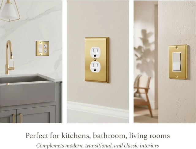 Alt view image 6 of 7 - Rio Salto BRASS Signature Collection Brushed Brass Gold Metal Outlet Cover, Decorative Light Switch Cover Plate Wall Plate, Premium, Rocker 1-Gang, 2.75" X 4.50" Standard Size 4-Pack