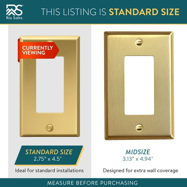 Alt view image 4 of 7 - Rio Salto BRASS Signature Collection Brushed Brass Gold Metal Outlet Cover, Decorative Light Switch Cover Plate Wall Plate, Premium, Rocker 1-Gang, 2.75" X 4.50" Standard Size 4-Pack