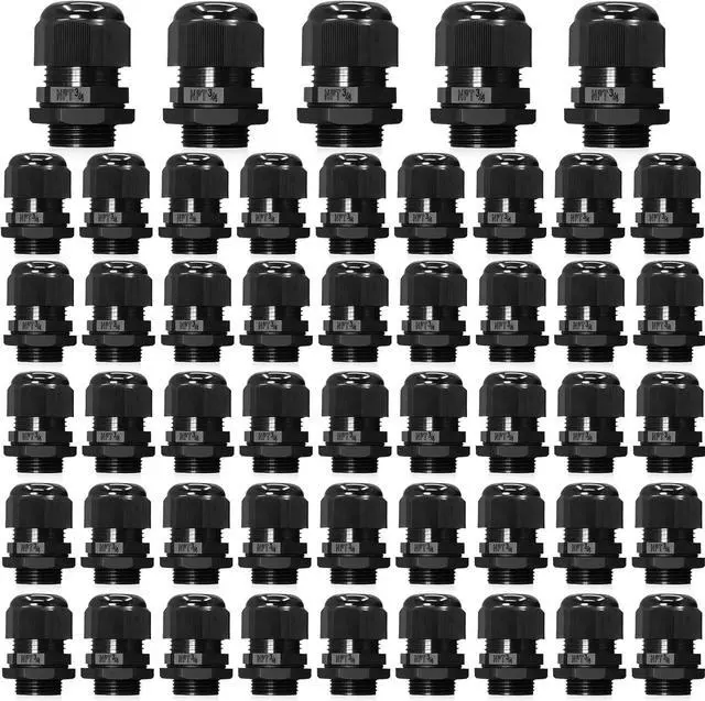 Main image of 50 Pack 3/4" Black NPT Cable Glands IP68 Waterproof Connectors Adjustable for Electrical Box Nylon Cord Grip Strain Relief