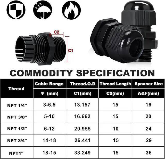 Alt view image 2 of 7 - 50 Pack 3/4" Black NPT Cable Glands IP68 Waterproof Connectors Adjustable for Electrical Box Nylon Cord Grip Strain Relief