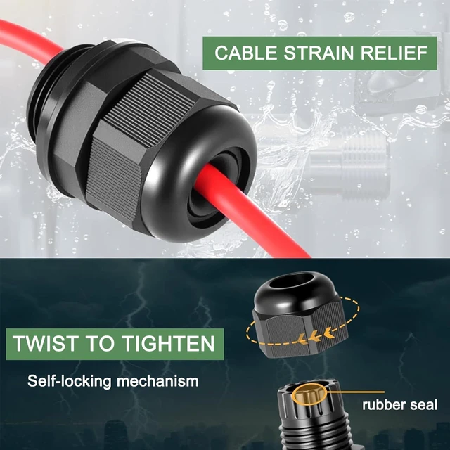 Alt view image 5 of 7 - 50 Pcs Black Nylon IP68 Cable Glands, Waterproof Strain Relief Connectors, with Adjustable Locknut (1/4" 1/2" 3/4" 1")
