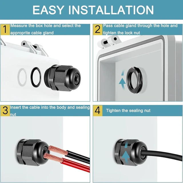 Alt view image 4 of 7 - 50 Pcs Black Nylon IP68 Cable Glands, Waterproof Strain Relief Connectors, with Adjustable Locknut (1/4" 1/2" 3/4" 1")