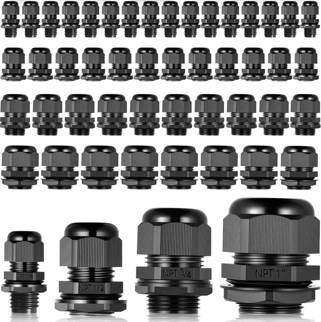 Main image of 50 Pcs Black Nylon IP68 Cable Glands, Waterproof Strain Relief Connectors, with Adjustable Locknut (1/4" 1/2" 3/4" 1")