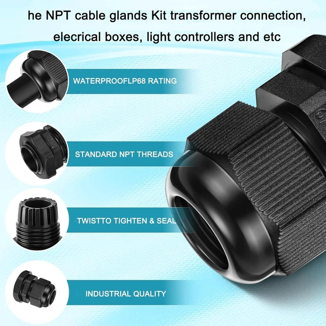 Alt view image 7 of 7 - 50 Pcs Black Nylon IP68 Cable Glands, Waterproof Strain Relief Connectors, with Adjustable Locknut (1/4" 1/2" 3/4" 1")