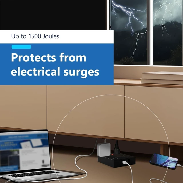 Alt view image 3 of 7 - LIDER Output Extender with 6 Sockets, USB-A and 2 USB-C, Ultra-Thin Flat Plug with Cable Extension, 6-Way Power Strip, Slim Angle Design, Surge Protection, 480