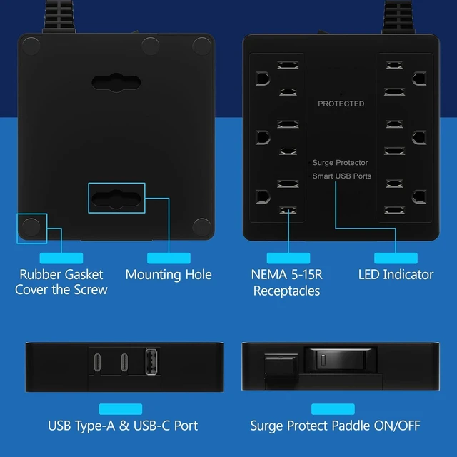 Alt view image 4 of 7 - LIDER Output Extender with 6 Sockets, USB-A and 2 USB-C, Ultra-Thin Flat Plug with Cable Extension, 6-Way Power Strip, Slim Angle Design, Surge Protection, 480