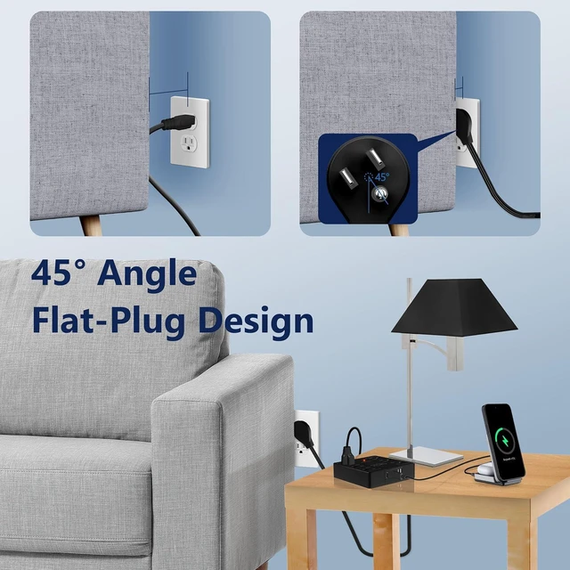 Alt view image 6 of 7 - LIDER Output Extender with 6 Sockets, USB-A and 2 USB-C, Ultra-Thin Flat Plug with Cable Extension, 6-Way Power Strip, Slim Angle Design, Surge Protection, 480