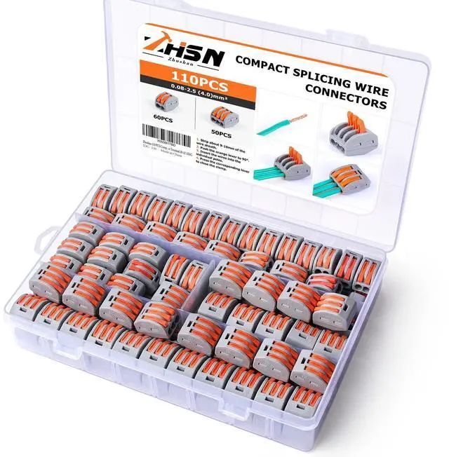 Main image of Zhushan 110 PCS Lever Wire Nuts Connectors Kit - Electrical Connectors, 28-12 AWG, Compact Splicing Wire Connectors, Quick Disconnect, 2/3 Conductors Combination