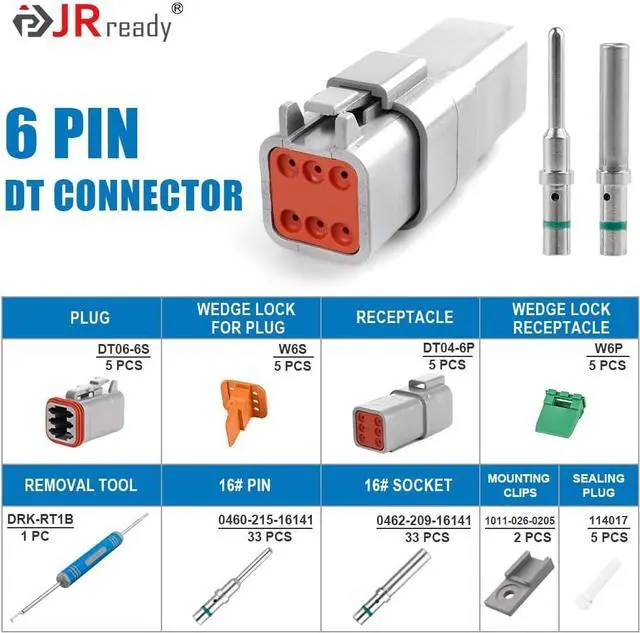 Alt view image 2 of 7 - JRready ST6328-6 Deutsch DT Series Connector 5 Kit 6 Pin Way,14-20 AWG Waterproof Electrical Wire Connector,Connector Removal Tool DRK-RT1B with Deutsch 16 Solid Contacts (5 Kits,6 Pin)