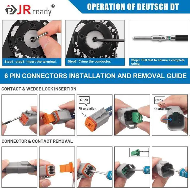 Alt view image 7 of 7 - JRready ST6328-6 Deutsch DT Series Connector 5 Kit 6 Pin Way,14-20 AWG Waterproof Electrical Wire Connector,Connector Removal Tool DRK-RT1B with Deutsch 16 Solid Contacts (5 Kits,6 Pin)