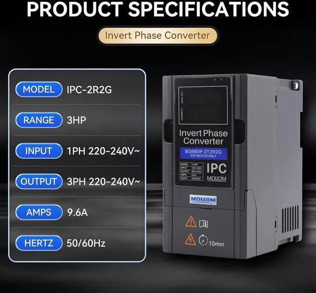 Alt view image 2 of 6 - Mollom 2.2KW 220V Single to 3 Phase Invert Phase Converter-3HP 9.6A Input/Output IPC for 3PH Motor