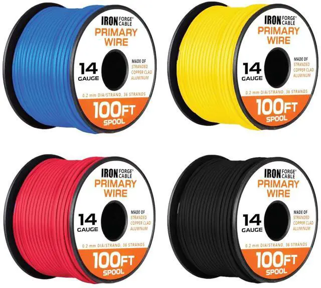 Main image of Iron Forge Cable 14 Gauge Automotive Wire - 4 Roll, 100 Ft per Roll | 14 AWG Primary Wire, Copper Clad Aluminum (CCA) Wire, Assorted Colors - For Car Audio, Trailers & Home Projects