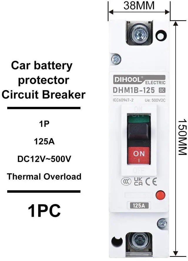 Alt view image 4 of 7 - DIHOOL 125 Amp DC Breaker, Battery Disconnect Switch 500V, Thermal Magnetic Trip for Solar, Main Power, UPS