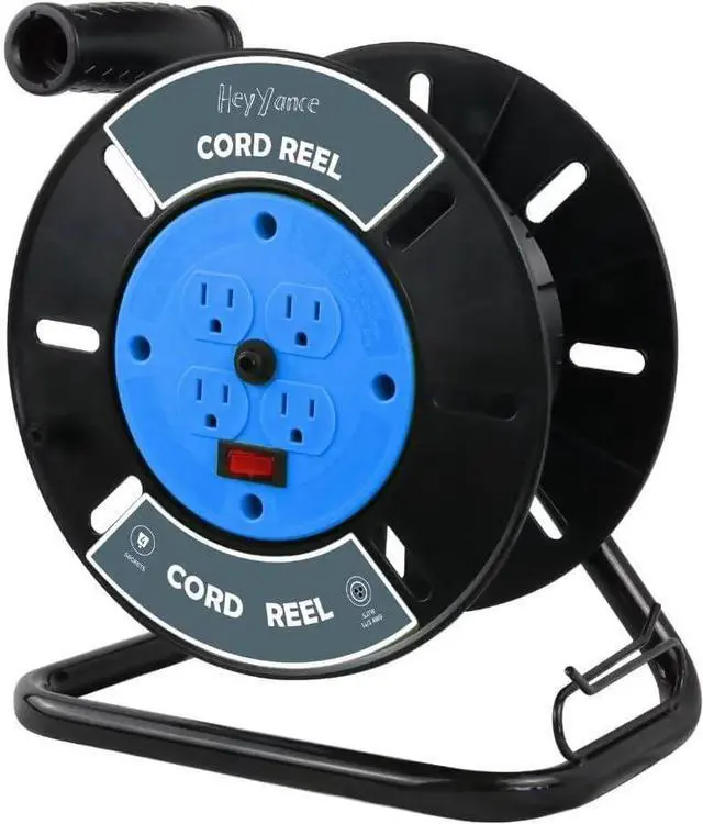 Main image of Extension Cord Storage Reel with 4-Grounded Outlets, Heavy Duty Open Cord Reel for 12/3 14/3 16/3 Power Cords, Portable Empty Hand Crank Electric Cord Roller Holder, Blue