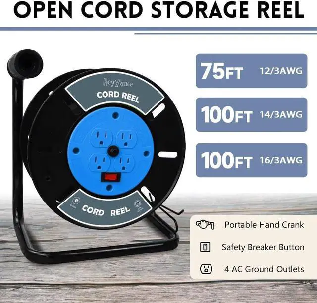 Alt view image 2 of 7 - Extension Cord Storage Reel with 4-Grounded Outlets, Heavy Duty Open Cord Reel for 12/3 14/3 16/3 Power Cords, Portable Empty Hand Crank Electric Cord Roller Holder, Blue