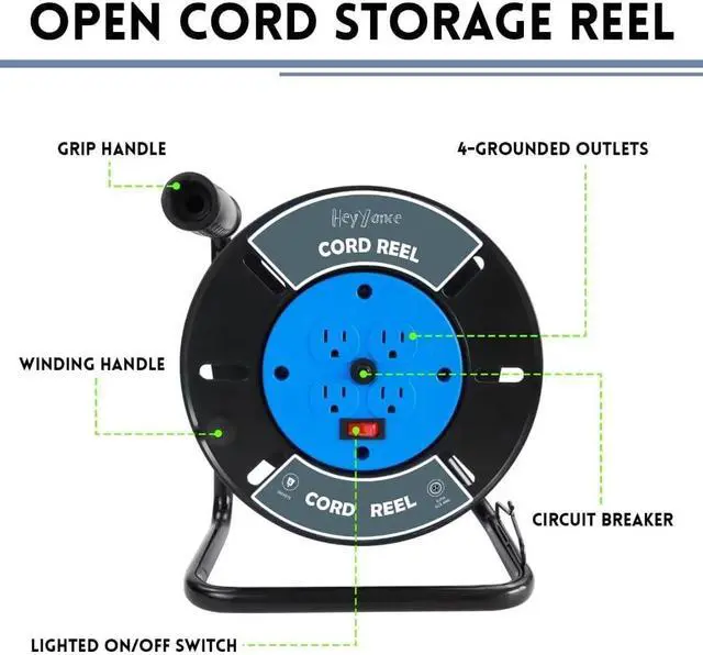 Alt view image 3 of 7 - Extension Cord Storage Reel with 4-Grounded Outlets, Heavy Duty Open Cord Reel for 12/3 14/3 16/3 Power Cords, Portable Empty Hand Crank Electric Cord Roller Holder, Blue