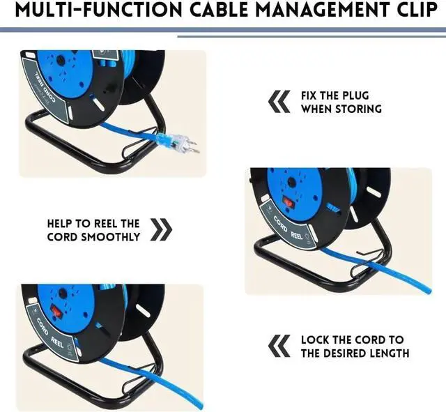 Alt view image 4 of 7 - Extension Cord Storage Reel with 4-Grounded Outlets, Heavy Duty Open Cord Reel for 12/3 14/3 16/3 Power Cords, Portable Empty Hand Crank Electric Cord Roller Holder, Blue