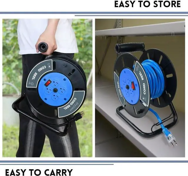 Alt view image 6 of 7 - Extension Cord Storage Reel with 4-Grounded Outlets, Heavy Duty Open Cord Reel for 12/3 14/3 16/3 Power Cords, Portable Empty Hand Crank Electric Cord Roller Holder, Blue