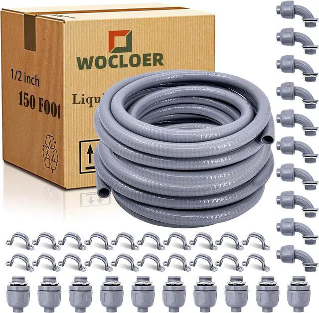 Main image of 1/2 inch 150 Foot Liquid-Tight Conduit and Connector Kit, Flexible Non Metallic Electrical Conduit, With 10 Straight and 10 Angle Fittings and Pipe Strap