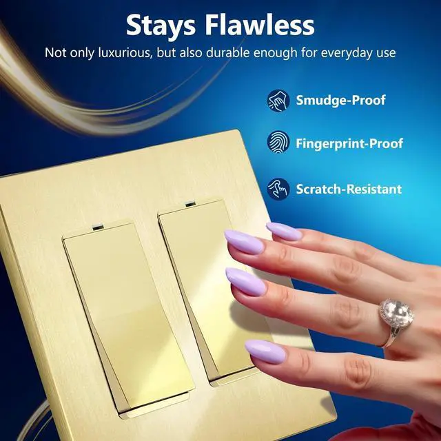 Alt view image 3 of 7 - LIDER Matte Finish Double Decorator Switch Cover, Screwless Wall Plate, Mid-Size 2-Gang 4.88" x 4.92", Unbreakable Polycarbonate Thermoplastic, UL Listed, LSWP-32M-BGD5P, Brushed Gold, 5 Pack
