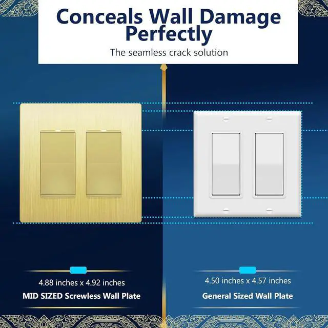 Alt view image 4 of 7 - LIDER Matte Finish Double Decorator Switch Cover, Screwless Wall Plate, Mid-Size 2-Gang 4.88" x 4.92", Unbreakable Polycarbonate Thermoplastic, UL Listed, LSWP-32M-BGD5P, Brushed Gold, 5 Pack