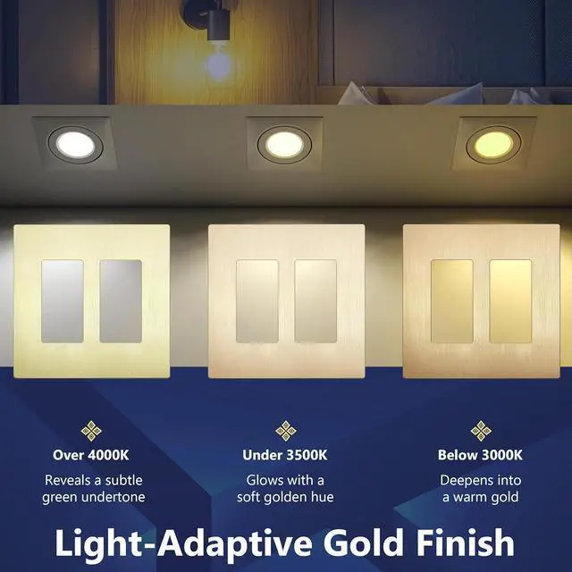 Alt view image 7 of 7 - LIDER Matte Finish Double Decorator Switch Cover, Screwless Wall Plate, Mid-Size 2-Gang 4.88" x 4.92", Unbreakable Polycarbonate Thermoplastic, UL Listed, LSWP-32M-BGD5P, Brushed Gold, 5 Pack