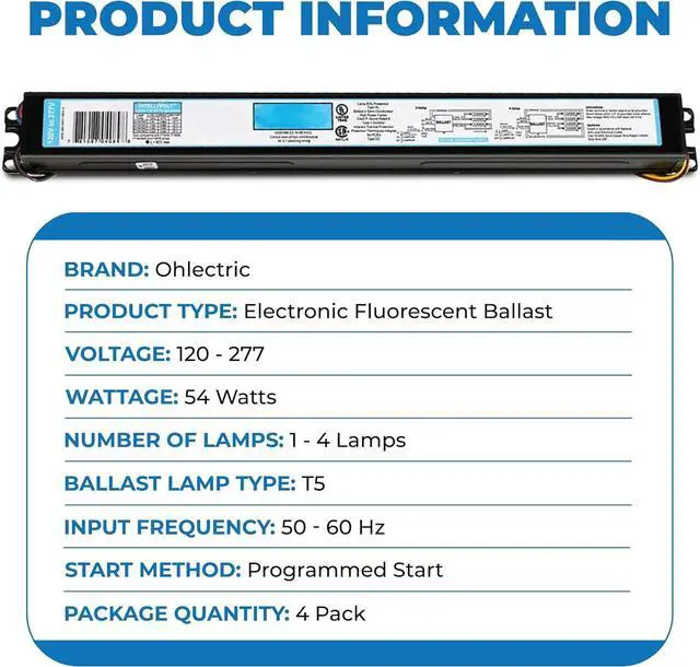 Alt view image 2 of 7 - OHLECTRIC Replacement for ICN-4S54-90C-2LS-G, 4 Lamp, T5 Fluorescent Electronic Ballast (4-Pack) 120-277 Volt - Instant Start - Standard and Energy Efficient Ballasts, UL Approved (4)