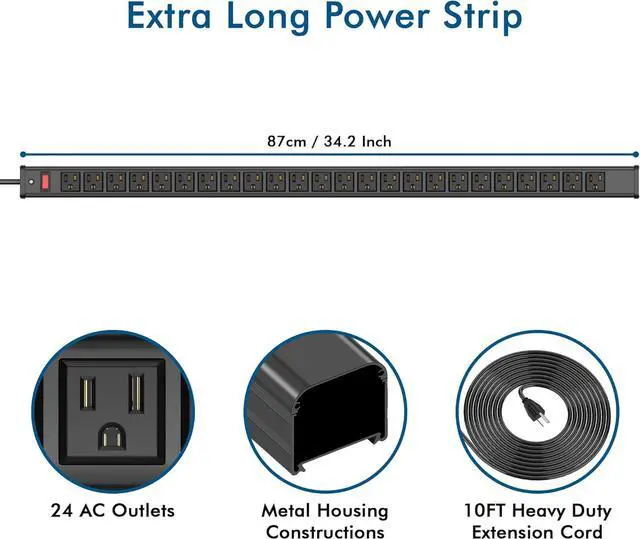Alt view image 2 of 7 - BTU Long Heavy Duty Power Strip 24 Outlet Large Metal Power Strip Garage Workshop Commercial Industrial Power Strip with Circuit Breaker.10FT Cord (24 Outlet Black)
