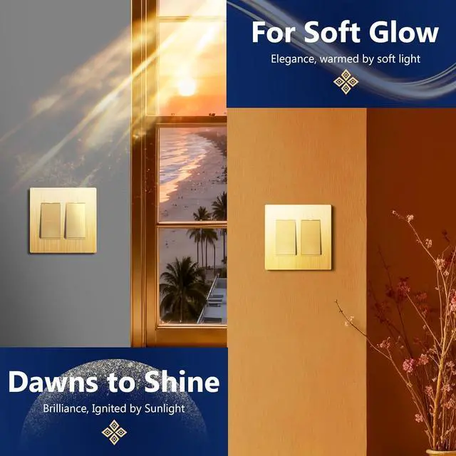 Alt view image 6 of 7 - LIDER Matte Finish Double Decorator Switch Cover, Screwless Wall Plate, Mid-Size 2-Gang 4.88" x 4.92", Unbreakable Polycarbonate Thermoplastic, UL Listed, LSWP-32M-BGD5P, Brushed Gold, 5 Pack