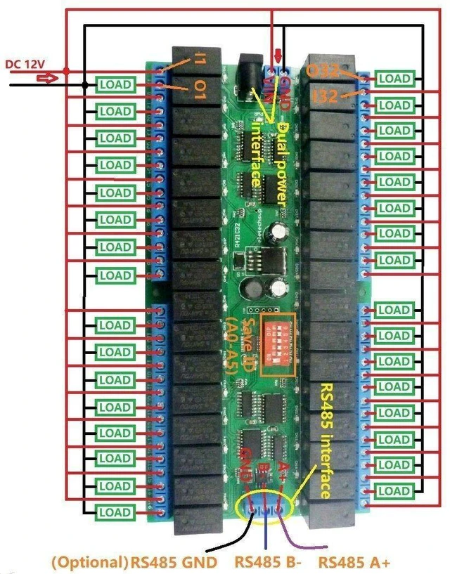 Alt view image 3 of 7 - DC 12V 32ch Modbus RTU RS485 Relay Switch Board UART Serial Port Module for DIY Electronic Sensor LED (1, 32 Channels)