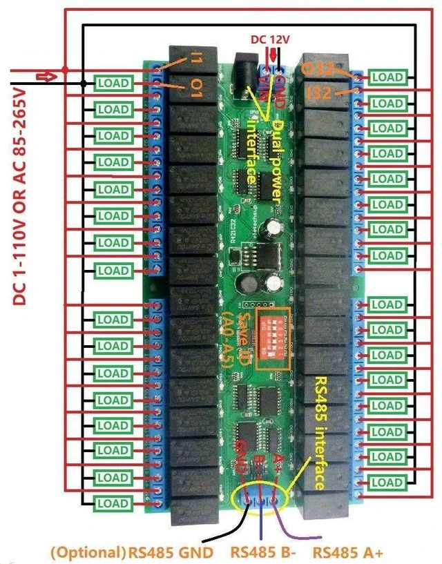 Alt view image 4 of 7 - DC 12V 32ch Modbus RTU RS485 Relay Switch Board UART Serial Port Module for DIY Electronic Sensor LED (1, 32 Channels)