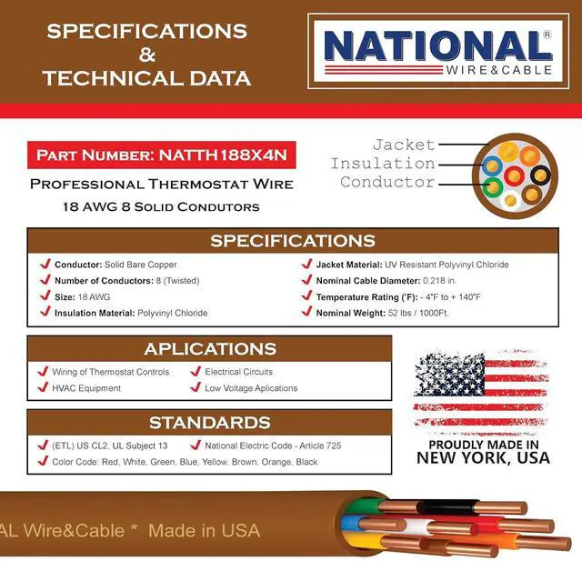 Alt view image 2 of 6 - 18/8 250Ft. NATIONAL Wire&Cable Thermostat Doorbell HVAC Heating Control Professional Cable Wire - Made in USA - 100% Solid Copper Conductors, CL2 ETL Listed, Low Voltage Applications Use