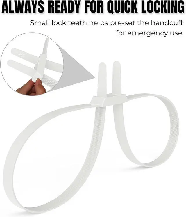 Alt view image 4 of 7 - Zip Tie Handcuffs, HAIOOU New Version 10Pcs Flex cuffs Disposable Self-locking Zip Cuffs, Heavy Duty Police Nylon Handcuffs Cable Wire Tie with 255 lbs Tensile Strength - 35.4" Long, White
