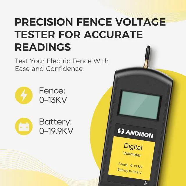 Alt view image 2 of 7 - Andmon Versatile Electric Fence Tester, Battery Testing with Large LCD Display, Digital Electric Fence Voltage Tester, Accurate Testing Range 0 to13000V, Portable Design