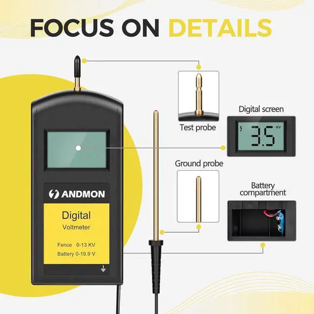Alt view image 6 of 7 - Andmon Versatile Electric Fence Tester, Battery Testing with Large LCD Display, Digital Electric Fence Voltage Tester, Accurate Testing Range 0 to13000V, Portable Design