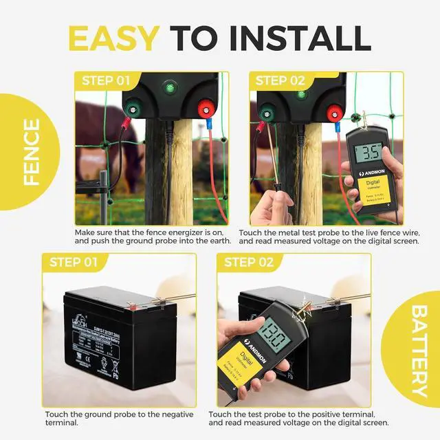 Alt view image 7 of 7 - Andmon Versatile Electric Fence Tester, Battery Testing with Large LCD Display, Digital Electric Fence Voltage Tester, Accurate Testing Range 0 to13000V, Portable Design