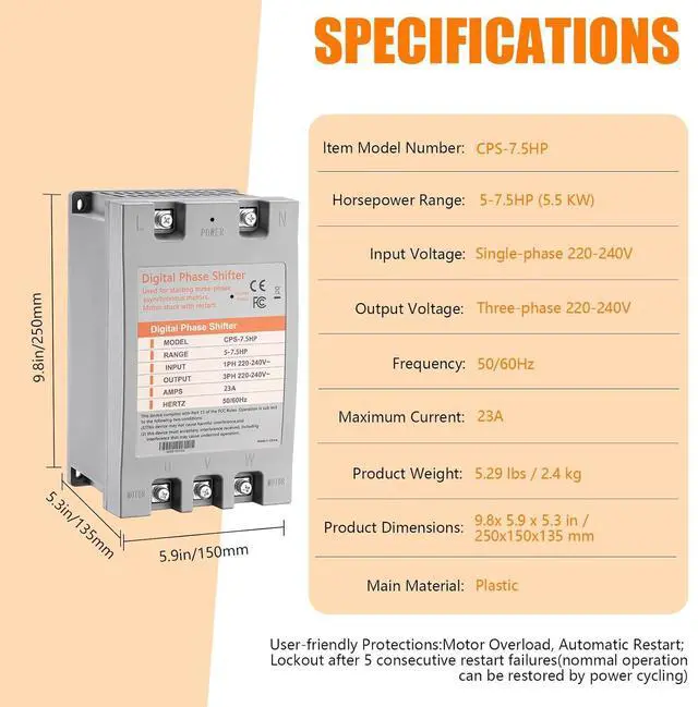 Alt view image 7 of 7 - Single Phase to 3 Phase Converter7.5HP 220V 3 Phase Converter220V-240V Input/Output Digital Phase Shift for 7.5HP Motor