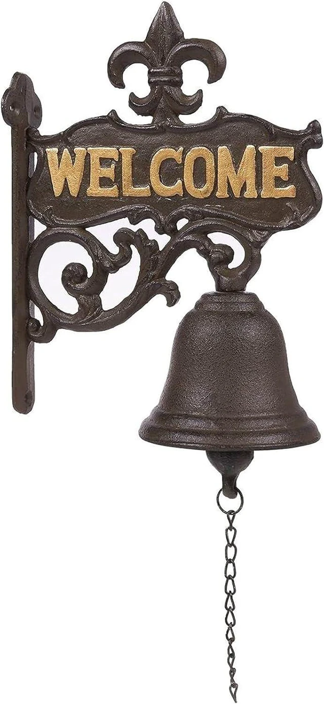 Main image of Juvale Cast Iron Dinner Bell for Outdoor Front Door, Porch, Wall Mountable Welcome Bell, Antique, Vintage Style for Home Decor (Black, 6.7 x 8.9 x 0.8 in)