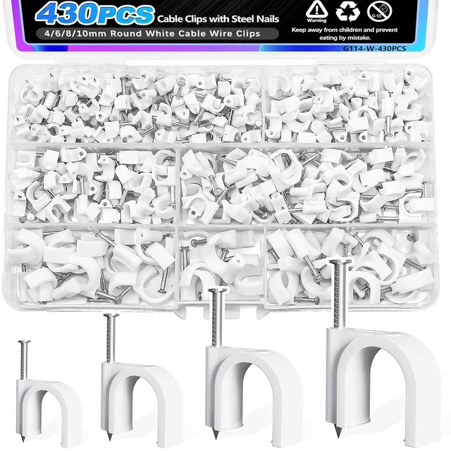 Main image of mxuteuk 430PCS Cable Clips with Steel Nails,4/6/8/10mm Round White Cable Wire Clips,Wall Clips for Cords,Cable Cord Clips for RG6 RG59 CAT6 RJ45