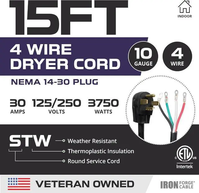 Alt view image 2 of 7 - Iron Forge Cable 4 Prong Dryer Cord 15 ft, 10/4 NEMA 14-30 Plug 30 Amp Extension Cord 15 Foot for Dryer & EV with Ring Terminals, 10 Gauge, 4 Prong 125V/250V - ETL Certified