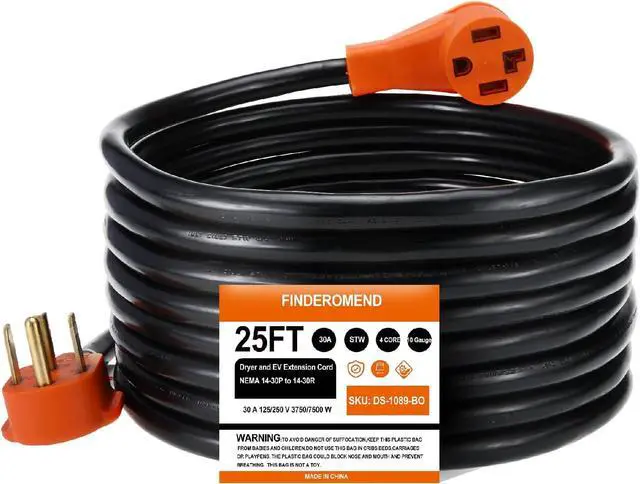 Main image of Finderomend 25ft EV and Dryer Extension Cord,30 Amp 4 Prong Dryer Cord NEMA 14-30P to 14-30R 125/250V Fit for Electric Dryer/Tesla Model 3/S/X/Y Level 2 EV Charging Power Cable STW 10AWG UL/ETL Listed